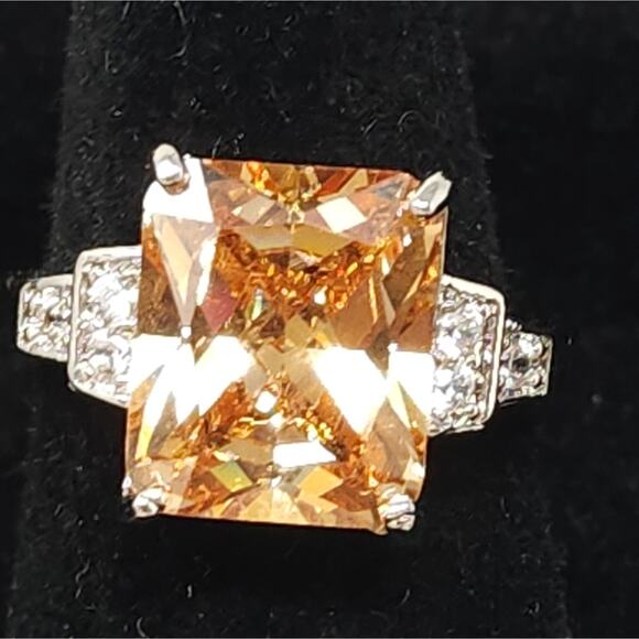 Princess Cut Champagne & Cubic Zirconia Rose Gold Ring Gift Silver Womens Size 7 - Picture 3 of 11